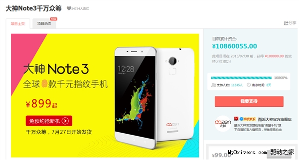 899元!首款千元指纹识别手机创淘宝众筹记录